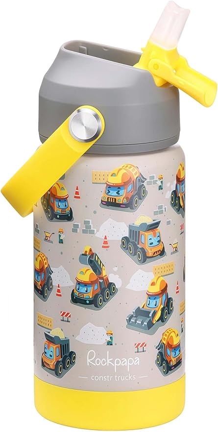 rockpapa 14 oz Kids Insulated Water Bottle，Stainless Steel Toddler Cups with Straws, BPA Free, Leak-Proof, Kids Water Bottle for School Boys& Girls (Grey Constr Trucks)