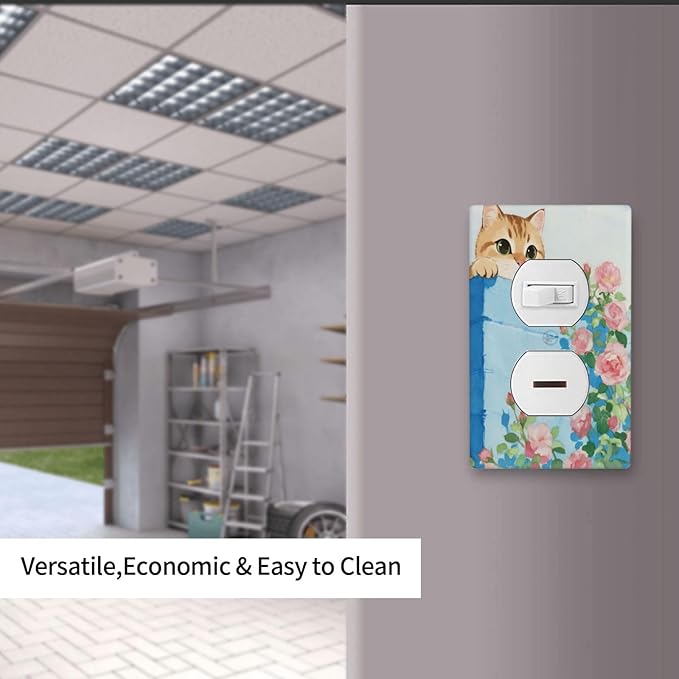 Cat Flower Single Duplex Receptacle Outlet Cover Wall Plate Decorative 1 Gang Light Switch Covers Electrical Switchplate Home Decorate Faceplat for Bathroom Bedroom Kitchen Room 4.5 x 2.76 Inch