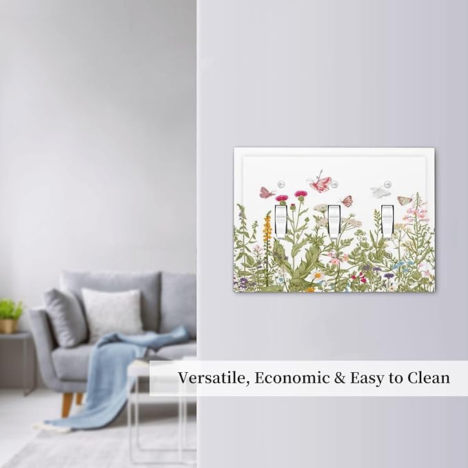 Colorful Butterfly Floral Plants Flower Vine Decorative Switch Plates 3 Gang Wall Plate Triple Toggle Light Switch Cover Faceplate Electrical Wall Panels for Bed Room Living Room Decor