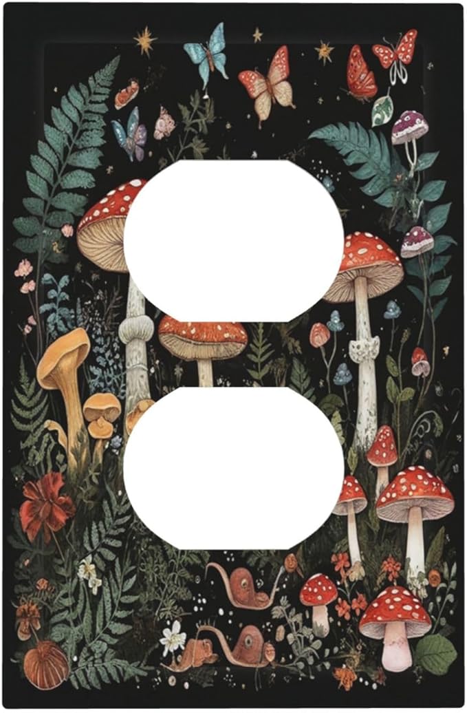 Cartoon Floral Mushroom forest Butterfly Flowers Outlet Covers 1 Gang Duplex Electrical Receptacle Faceplate Light Switch Cover Wall Plate Decorative Switch Plates for Bedroom Kids Room Decor