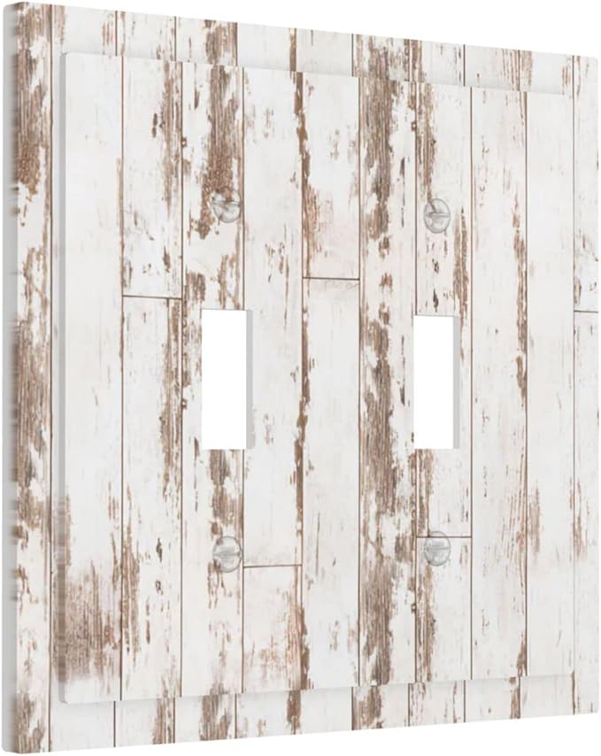 White Grey Wood 2 Gang Double Toggle Light Switch Cover Decorative Wall Plate Faceplate for Kids Boys Girls Bathroom Home Living Room Decor 5" x 4.9