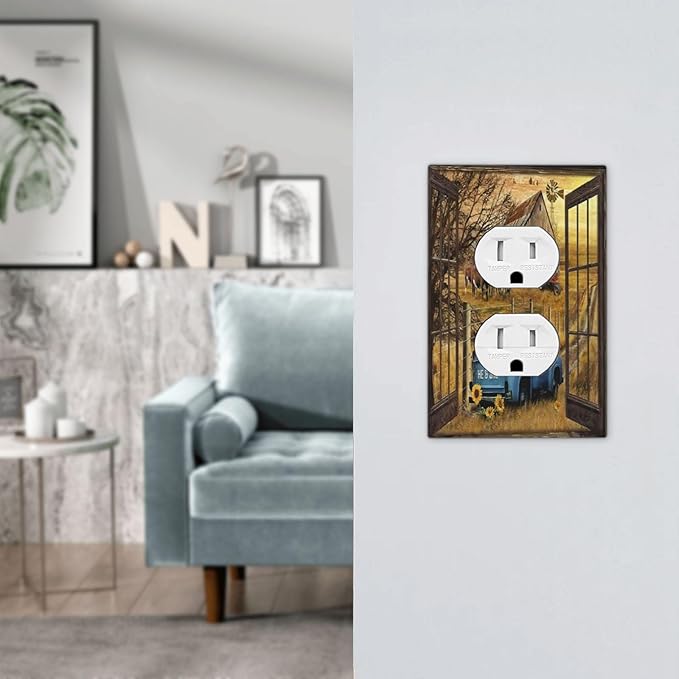 Fall Western Farmhouse Cow 1 Gang Outlet Plate Covers Decorative Single Duplex Wall Plate Barn door Blue Truck Electrical Receptacle Light Switch Cover Art Faceplate Switchplate for Home Decor