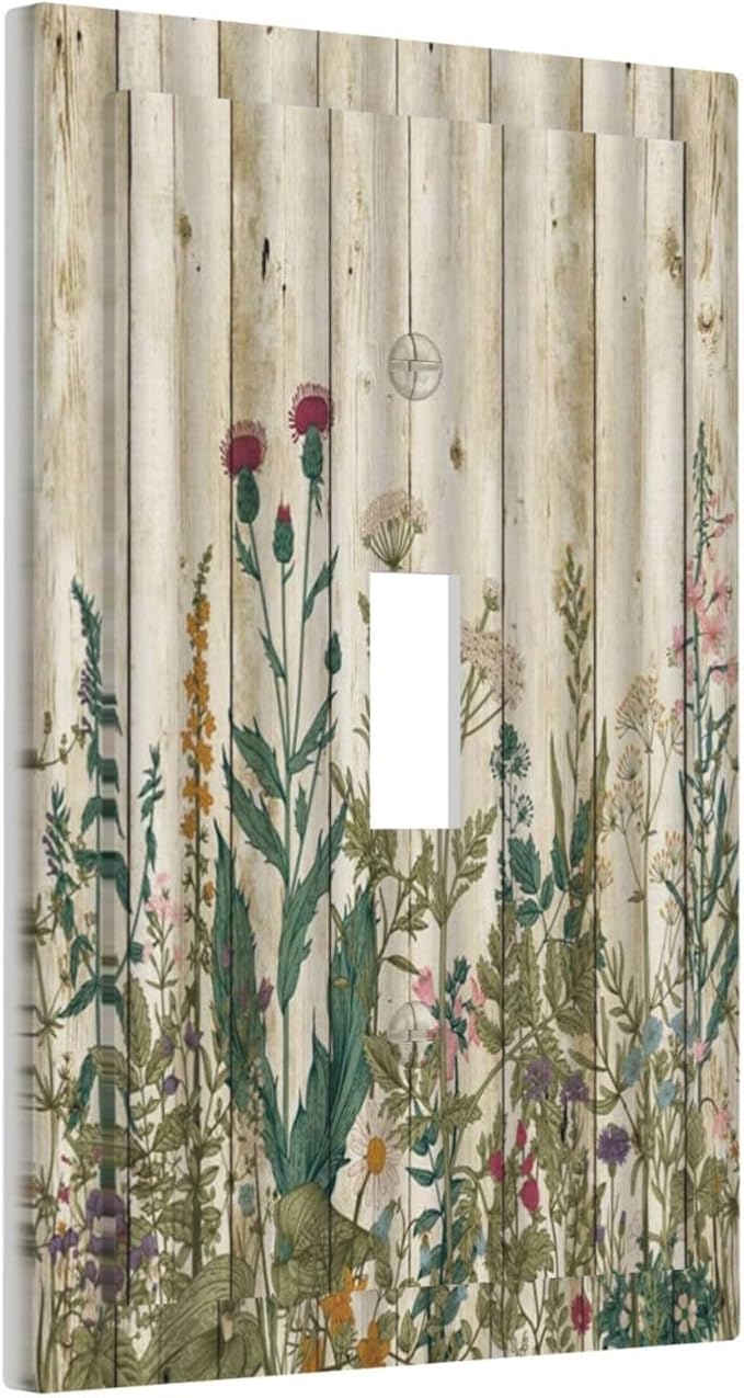 Vintage Wild Flowers Botanical Green Leaves Plants 1 Gang Light Switch Covers Decorative Rustic Wood Plank Single Toggle Wall Plate Switchcover Electrical Switchplate for Farmhouse Bedroom Decor