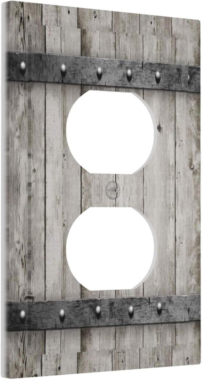 Farmhouse Grey Wood Barn Door 1 Gang Outlet Plate Duplex Decorative Outlet Covers Vintage Farmhouse Outlet Covers Electrical Receptacle Lightswitch Faceplate Rustic Wood 5"" X 3"（Plastic ）