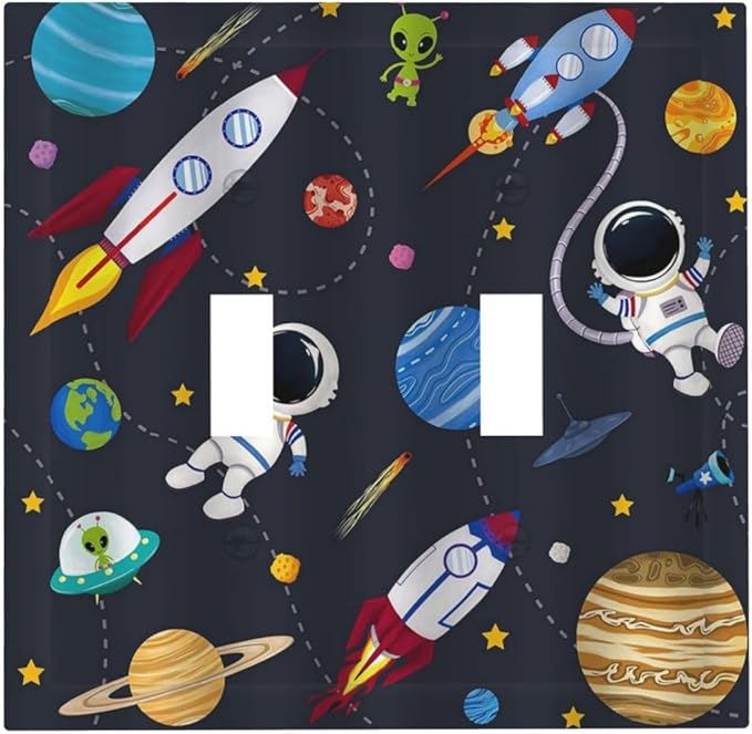 Rocket Planets Astronaut Blue Decorative 2 Gang Light Switch Plate Cover Double Toggle Wall Plate Decorative Switchplate Electrical Faceplate for Nursery Kidsroom Bedroom Decor