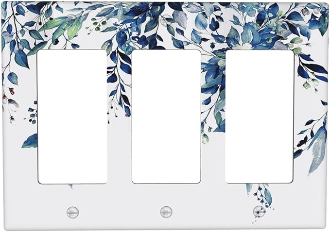 Blue Eucalyptus Watercolor Leaves 3 Gang Rocker Light Switch Plate Green Plant Triple Decora Outlet Wall Plate Cover Faceplate Decorative Switchcovers GFCI for Bathroom Living Room Bedroom Decor