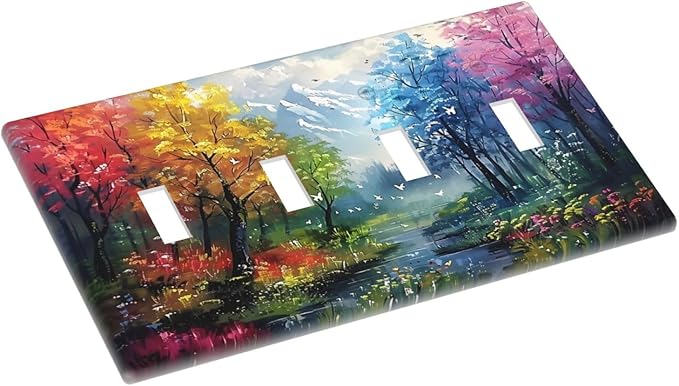 Colorful Forest Snow Mountain River Oil Painting Style Light Switch Covers Quad Toggle Electrical Faceplate 4 Gang Wall Plate Decorative Switch Plates Cover for Bedroom Living Room Decor