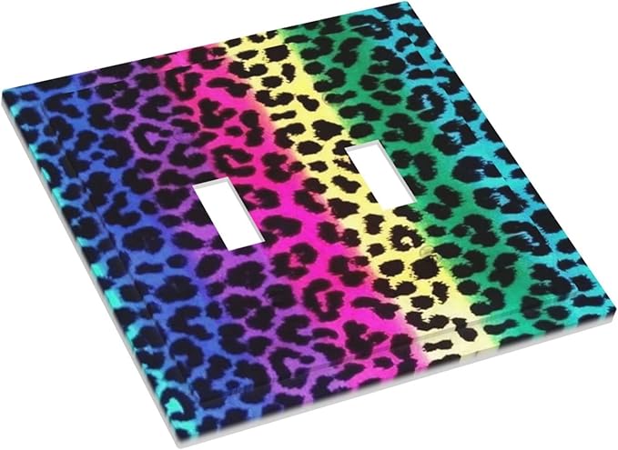 Funky Colorful Leopard Double Toggle Light Switch Cover Decorative 2 Gang Wall Plate Electrical Switchplate Faceplate Original Animal Print Safari Bathroom Kitchen Living Room Home Decor 5" x 4.9