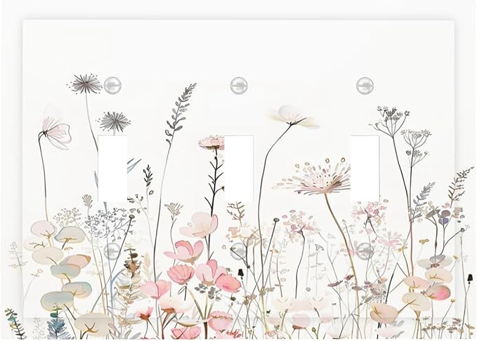 Floral Watercolor Wildflower Dandelion Plant Decorative Switch Plates 3 Gang Wall Plate Triple Toggle Light Switch Cover Faceplate Electrical Wall Panels for Farmhouse Bed Room Decor