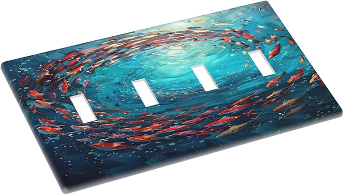 Ocean Fish School Of Fish Vortex Deep Sea Light Switch Covers Quad Toggle Electrical Faceplate 4 Gang Wall Plate Decorative Switch Plates Cover for Kids Room Bedroom Decor