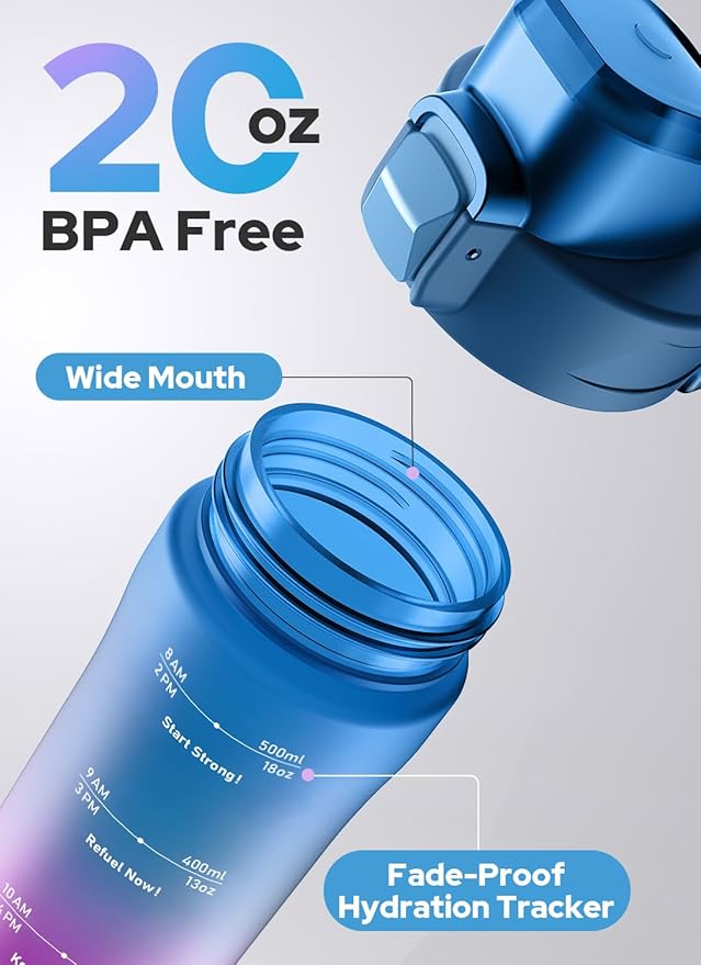 Opard Zip 20oz Plastic Water Bottle Dishwasher Safe, Leakproof Flip-Top Lid, BPA Free Tritan, Wide Mouth Reusable Kids Water Bottle for School Hiking Commuting Outdoor Travel and Gym