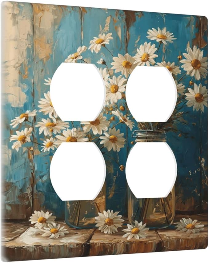 Delicate White Daisy Jars Retro Wood Background Outlet Covers 2 Gang Double Duplex Decorative Light Switch Covers Electrical Wallplates Socket Faceplate for Farmhouse Home Decor