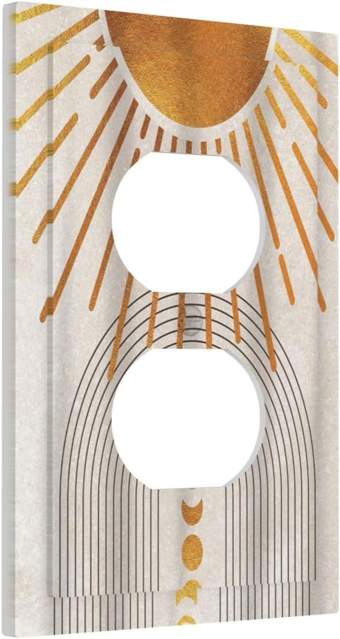 Mid Century Gold Sun Abstract Arch Boho Moon 1 Gang Outlet Plate Decorative Single Duplex Wall Plate Covers Unique Electrical Receptacle Light Switch Cover Art Faceplate Switchplate for Bedroom Decor