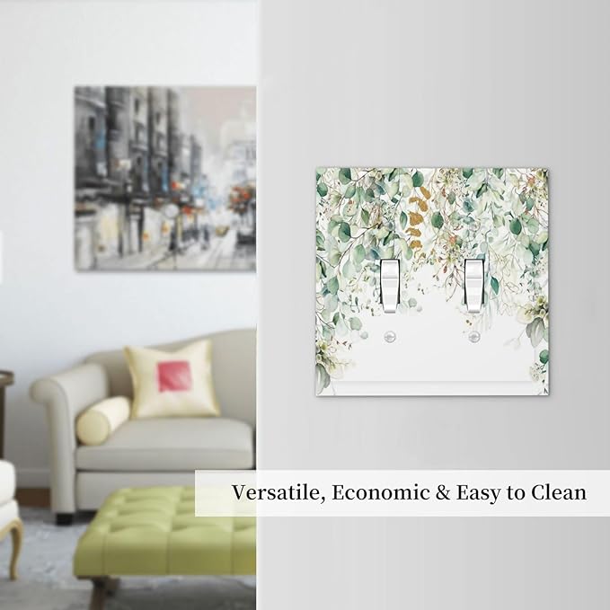 Gold Green Eucalyptus Leaves Plants Flowers Floral Decorative Switch Plates 2 Gang Double Toggle Outlet Light Switch Cover Wall Plate Electrical Faceplate for Bedroom Living Room Decor
