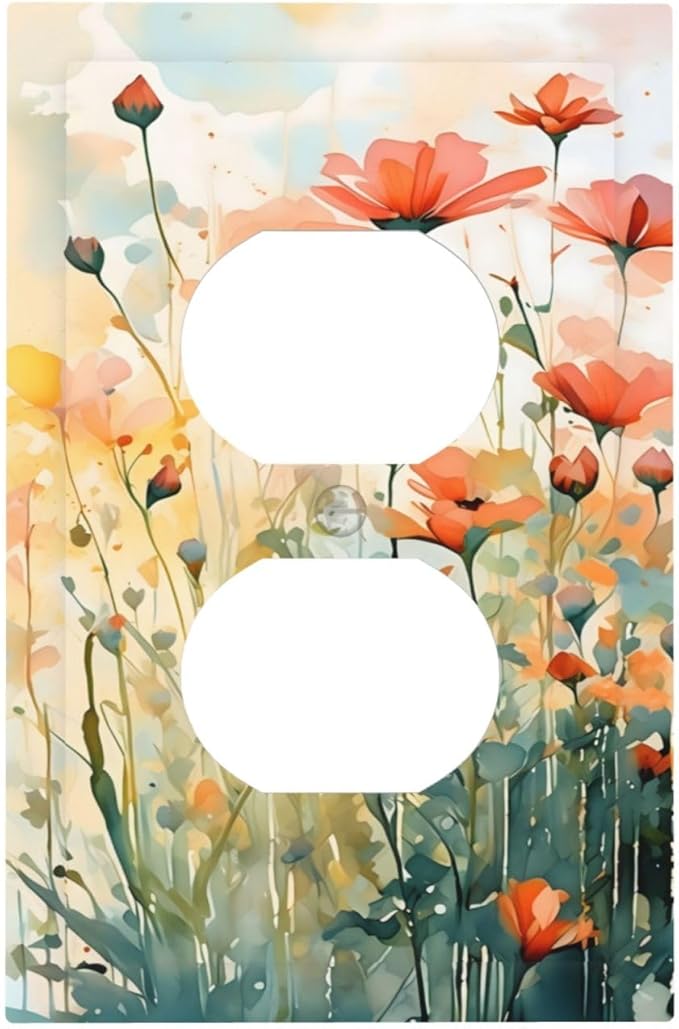 Vintage Red Orange Yellow Poppy Floral Flowers Outlet Covers 1 Gang Duplex Light Switch Cover Decorative Switch Plates Electrical Receptacle Faceplate Wall Plate for Bedroom Living Room Decor