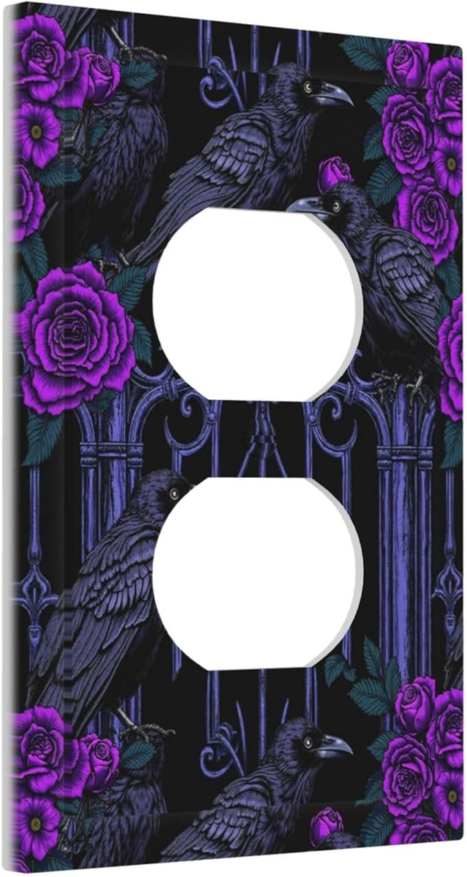 Outlet Covers Gothic Style Crow Purple Flowers 1 Gang Duplex Electrical Receptacle Faceplate Light Switch Cover Wall Plate Decorative Switch Plates for Bedroom living Room Decor