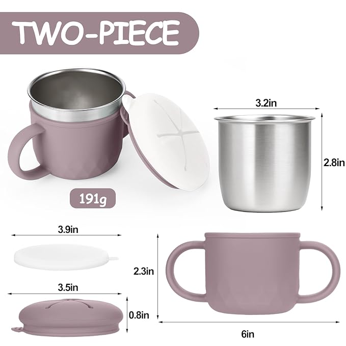 Toddler Snack Containers Stainless Steel Spill-Proof Snack Containers for Toddlers with Spill-Proof Silicone Lids and Handles 4-in-1 Baby Snack Cup is Dishwasher Safe for Easy use On The Go（Purple）