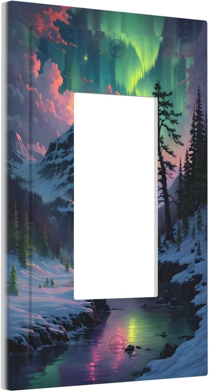 Snow Mountain Aurora Waterfalls Rivers Forest Decorative Outlet Covers 1 Gang Single Rocker Light Switch Cover Plate Wall Plates GFCI Faceplate for Bedroom Living Room Decor