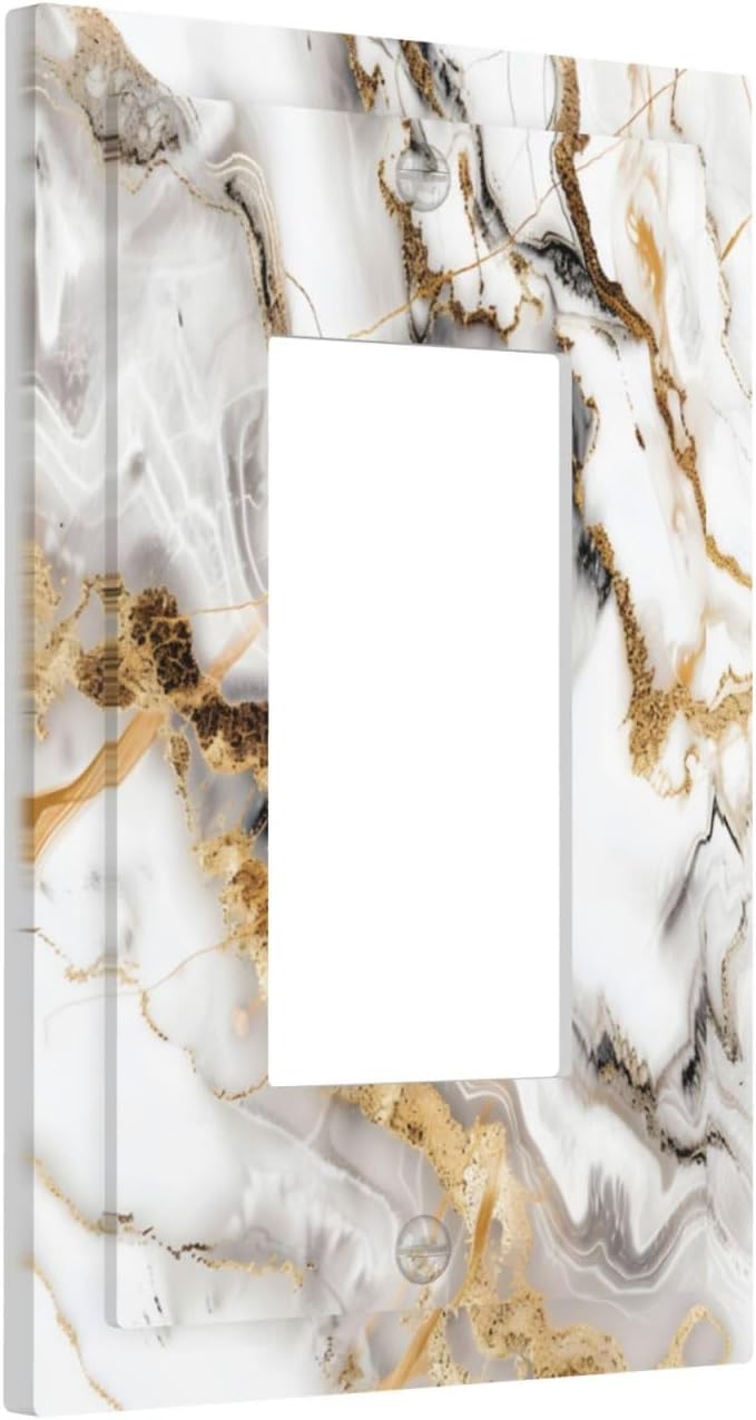Luxurious Marble Abstract White Gold Tile Modern Simplicity Decorative Outlet Covers 1 Gang Single Rocker Light Switch Cover Plate Wall Plates GFCI Faceplate for Bathroom Kitchen Decor