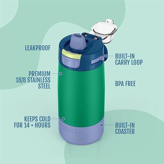 Ello Kids Colby 12oz Stainless Steel Insulated Water Bottle with Straw and Built-In Silicone Coaster Carrying Handle and Leak-Proof Locking Lid for School Backpack, Lunchbox, and Outdoor Sports
