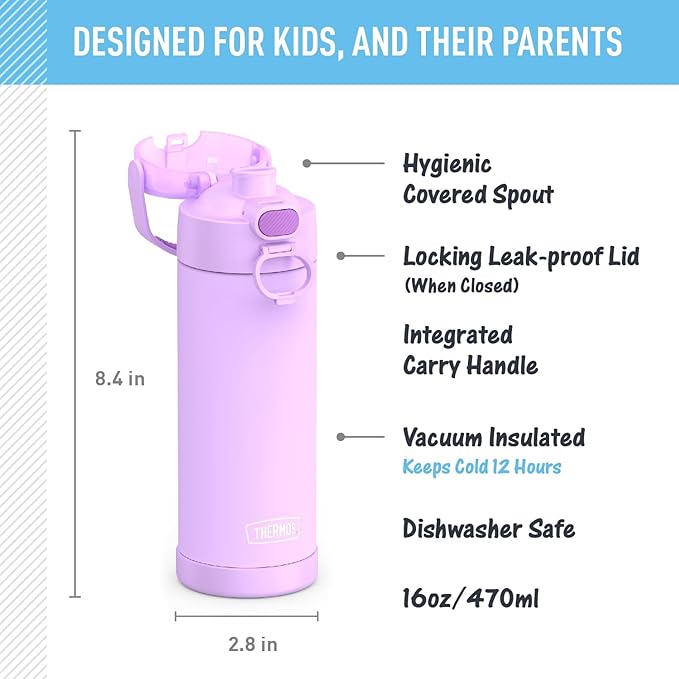 THERMOS FUNTAINER 16 Ounce Stainless Steel Vacuum Insulated Bottle with Wide Spout Lid, Neon Purple