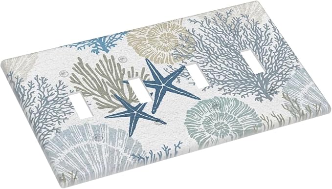 Blue Nautical Beach Coral Starfish 4 Gang Quad Toggle Light Switch Cover Plate Decorative Electric Faceplate Decorative Switchplate Screwless