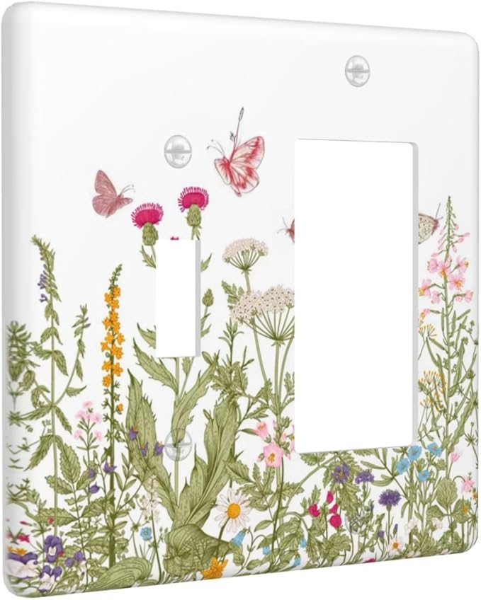 Colorful Butterfly Floral Plants Flower Vine Outlet Covers 1 Toggle 1 Rocker Combination Decorative Wall Plate Electrical Switch Plates Light Switch Cover Plate for Bed Room Living Room Decor