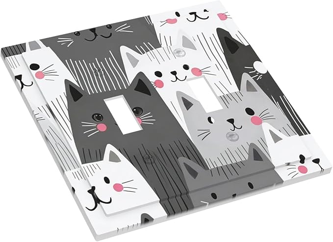 Playful Monochrome Cats with Blush Cheeks Double Toggle Switch Cover - 2-Gang Standard US Size Funny Cat Light Switch Covers for Boys & Girls Bedroom Decor