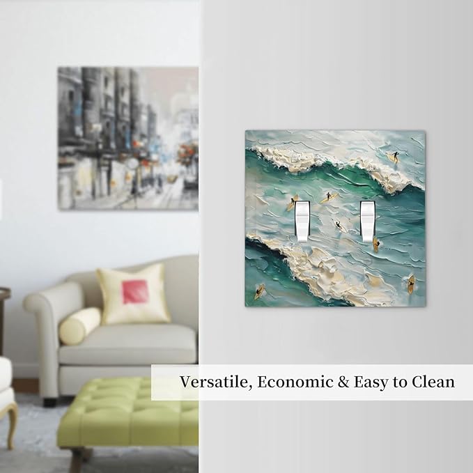Beach Waves Ocean Surfing Hoverboard Painting Print Decorative Switch Plates 2 Gang Double Toggle Outlet Light Switch Cover Wall Plate Electrical Faceplate for Bedroom Living Room Decor