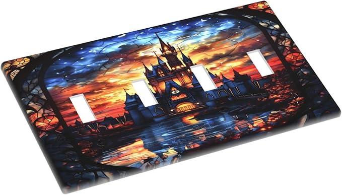 Medieval Fantasy Castle Magic Academy Light Switch Covers Quad Toggle Electrical Faceplate 4 Gang Wall Plate Decorative Switch Plates Cover for Kids Room Bedroom Decor