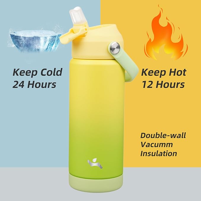 Konokyo Insulated Water Bottle with Straw Lid,18 oz Stainless Steel Vacuum Metal Bottle with Silicone Handle,Lime