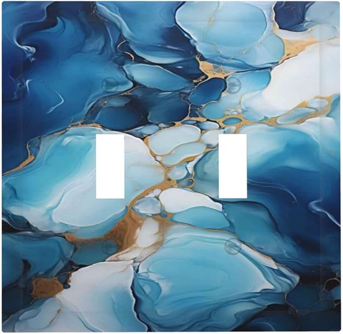 Decorative Light Switch Plate Covers Artistic Abstract Blue Marble Gold Line Painted 2 Gang Wall Plate Double Toggle Switch Cover Plate Electric Dual Device Electrical Faceplate