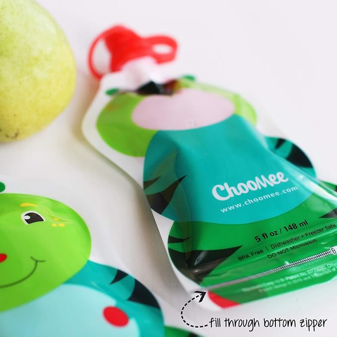 ChooMee Reusable Baby Food Pouches | BPA Free | Refillable Toddler Squeeze Pouches for Homemade Purees, Applesauce & Yogurt | Double Zipper, Easy Fill & Wide Bottom | 8CT, 5oz SnakPack FreshSquad