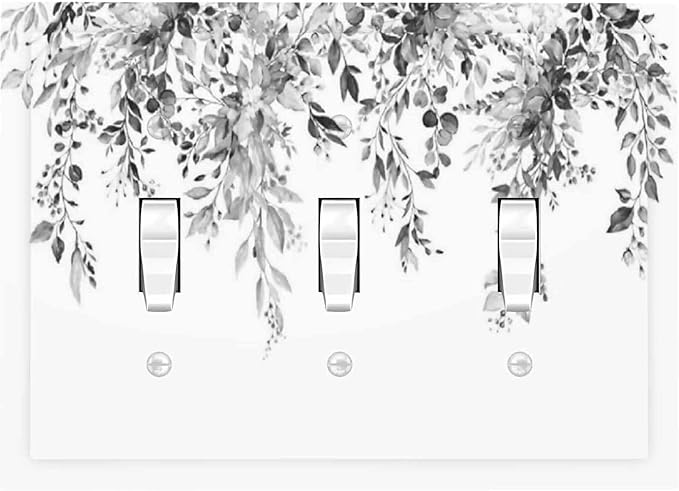 Decorative Switch Plates Grey Floral Plant Eucalyptus Leaf Flower 3 Gang Wall Plate Triple Toggle Light Switch Cover Faceplate Electrical Wall Panels For Bed Room Living Room Decor