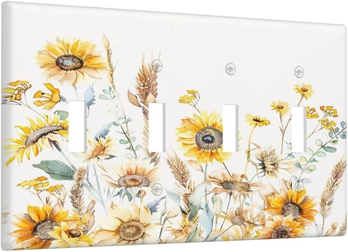 Yellow Floral Sunflowers Wheat Ears Watercolor Wild Flowers Light Switch Covers Quad Toggle Electrical Faceplate 4 Gang Wall Plate Decorative Switch Plates Cover for Bedroom Living Room Decor