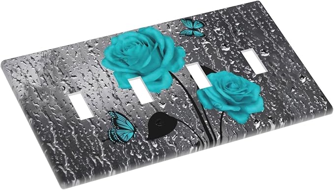 Elegant Teal Blue Gray Roses Flower Floral 4 Gang Quad Decorator Light Switch Cover, Romantic Raindrop Rose Butterfly Four Gang Toggle Wall Plate Outlet Cover Standard Size Girl Women Bathroom Decor