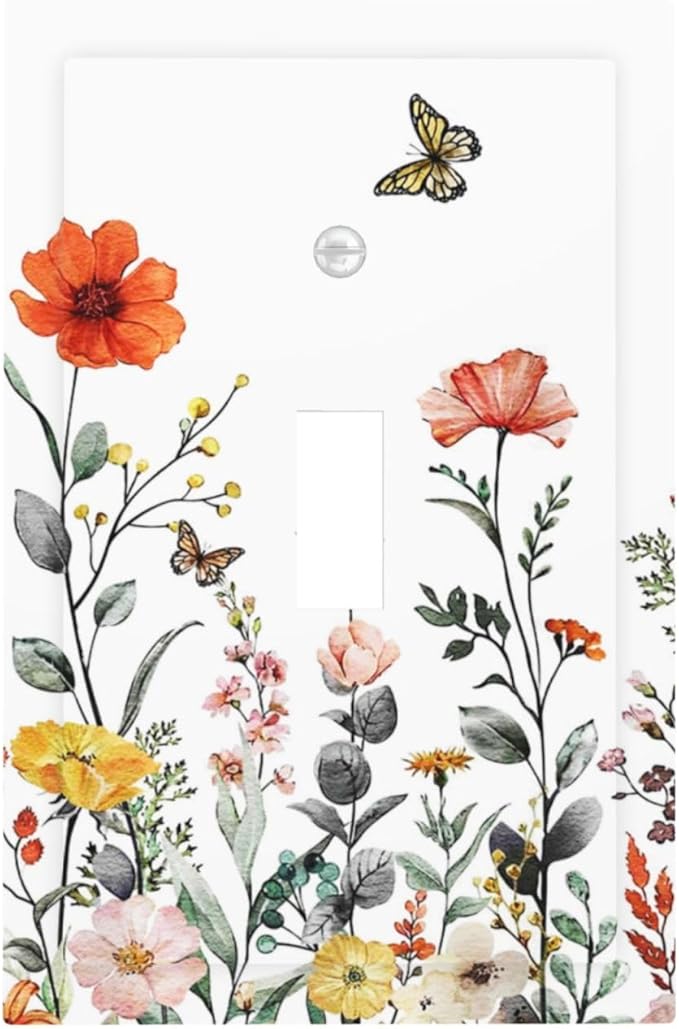 Vintage Floral Colorful Butterfly Wild Flowers Decorative Light Switch Cover 1-Gang Vibrant Spring Vibrant Blossom Single Toggle Wall Plate Electrical Device Outlet Switch Faceplate Cover Jumbo Size