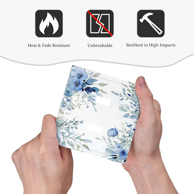 Watercolor Blue Flower Plant Floral Green Leaves Decorative Switch Plates 2 Gang Double Toggle Outlet Light Switch Cover Wall Plate Electrical Faceplate for Bedroom Living Room Decor