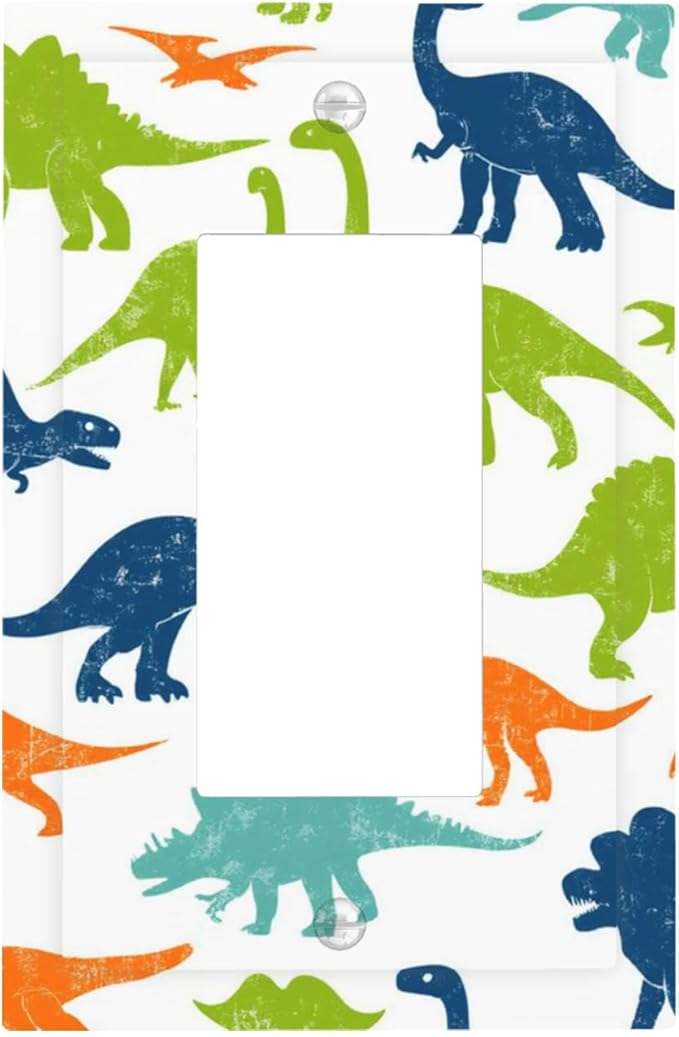 Colorful Dinosaur Single Rocker Switch Cover - 1-Gang Standard US Size Playful Dino Friends Light Switch Covers for Teen Boys Bedroom Playroom Decor