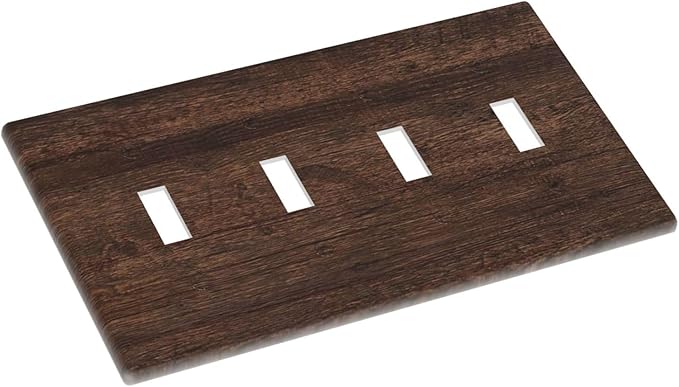 Decorative Switch Plate Cover with Rustic Dark Wood Grain & Vintage Style Design 4 Gang Artistic Wall Plate Unique Quad Toggle Light Switch Covers for Kitchen/Living Room