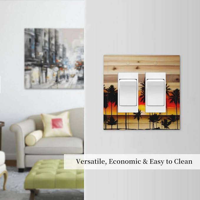 Sunset Beach Coconut Palm Tree Wooden Background Decorative Outlet Covers 2 Gang Double GFCI Rocker Electrical Wall Panels Light Switch Cover Plate for Bedroom Living Room Decor