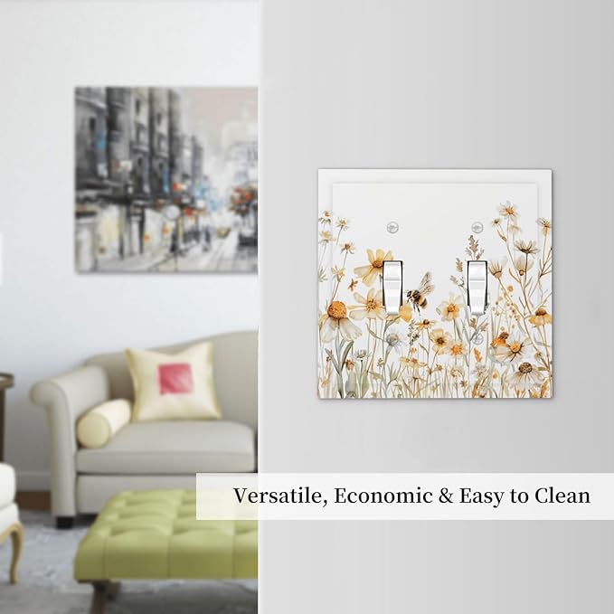Yellow White Daisy Floral Bee Wild Flower Decorative Switch Plates 2 Gang Double Toggle Outlet Light Switch Cover Wall Plate Electrical Faceplate for Bedroom Living Room Decor