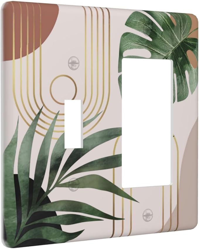 Vintage 70S Mid Century Boho Decorative Single Toggle/Rocker Combo Light Switch Cover 2-Gang Palm Leaf Abstract Art Electrical Wall Plate Double Combination Switch Decorator GFCI Receptacle Cover