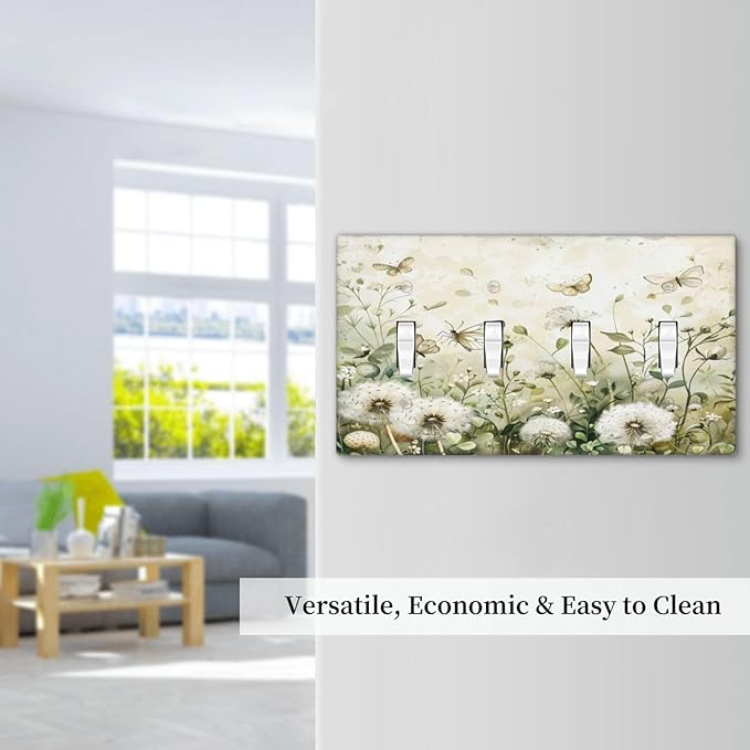 Light Switch Cover Plate Watercolor Butterflies Dandelions Wildflowers 4 Gang Quad Toggle Decorative Switch Plates Electrical Wall Plates Faceplate for Bathroom Bedroom Decor