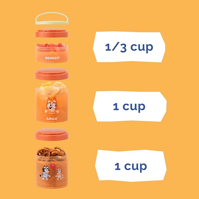 Whiskware Bluey Stackable Snack Containers for Kids and Toddlers, 3 Stackable Snack Cups for School and Travel, Bluey and Bingo, Hooray(Pack of 1)