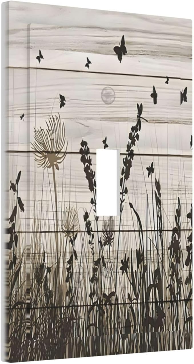 Wildflower Butterfly Grass Dandelion Vintage Wooden Print Decorative Light Switch Cover 1 Gang Single Toggle Device Electrical Faceplate Switchplates Decorator Outlet Wall Plate for Farmhouse Home