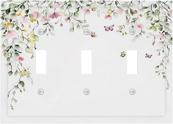 Watercolor Flowers Vine Colorful Butterfly Floral Decorative Switch Plates 3 Gang Wall Plate Triple Toggle Light Switch Cover Faceplate Electrical Wall Panels For Bed Room Living Room Decor