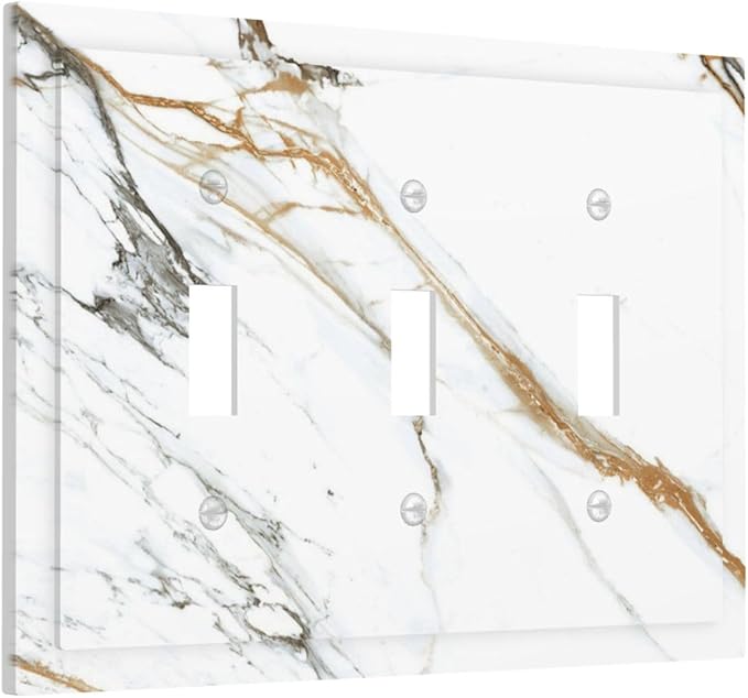 White Gold Marble Modern Abstract Luxury Print Decorative Switch Plates 3 Gang Wall Plate Triple Toggle Light Switch Cover Faceplate Electrical Wall Panels for Bathroom Kitchen Decor