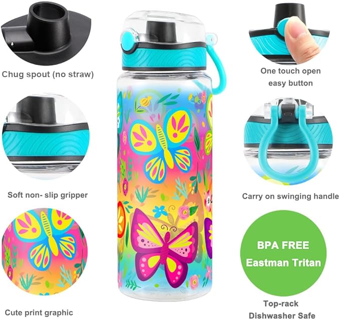 Home Tune Cute Water Bottle for School Kids Girls, BPA FREE Tritan & Leak Proof & Easy Clean & Carry Handle, 23oz/ 680ml - Butterfly