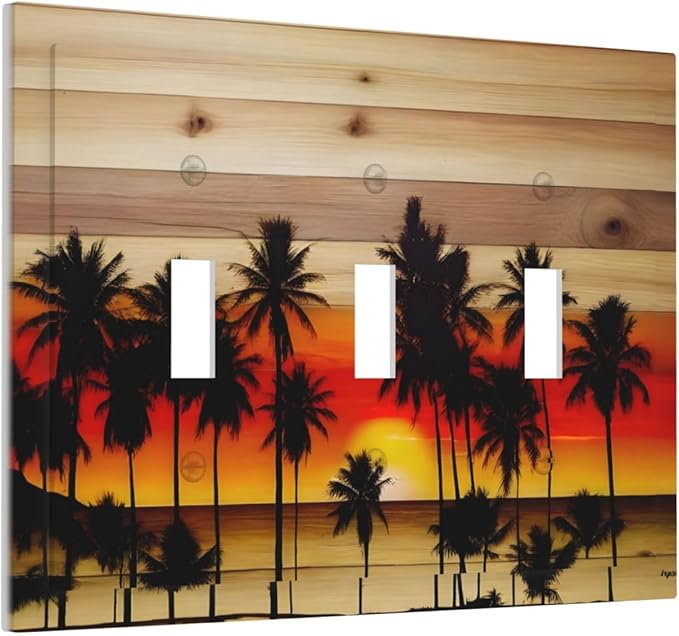 Sunset Beach Coconut Palm Tree Wooden Background Decorative Switch Plates 3 Gang Wall Plate Triple Toggle Light Switch Cover Faceplate Electrical Wall Panels for Bedroom Living Room Decor